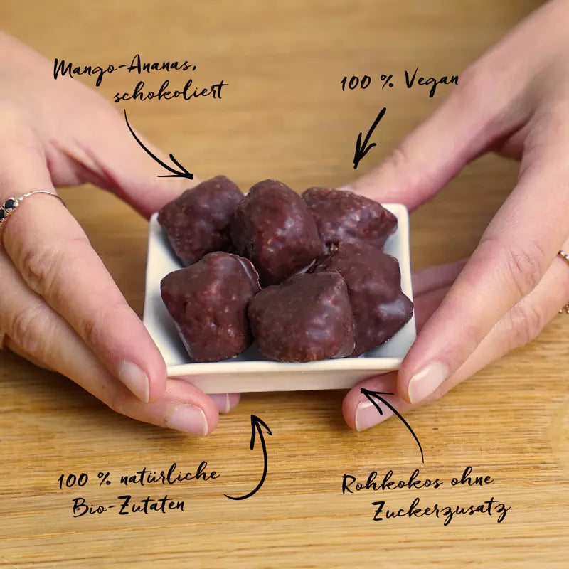 Vegan Choco Bites Mango-Ananas | Fruchtig-schokoladiger Rohkostgenuss | Bio-Edelkakao aus Peru | Palmölfrei & handgefertigt