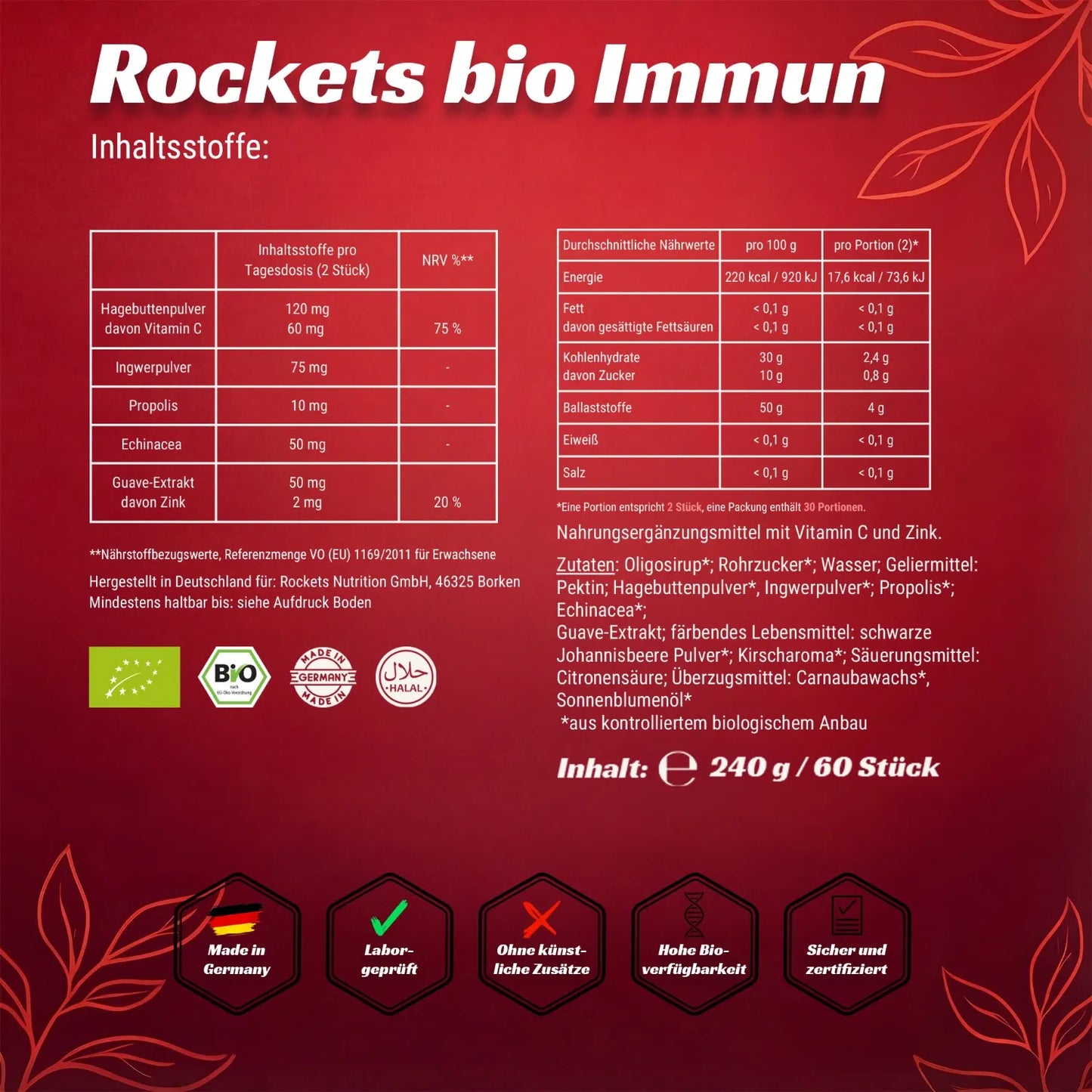 Bio Immun Fruchtgummis | Stärkung des Immunsystems durch Vitamin C aus Hagebutte, Zink & Guave | Entzündungshemmend durch Ingwer, Echinacea & Propolis | Bio-zertifiziert | Hergestellt in Deutschland | Vorrat für 1 Monat