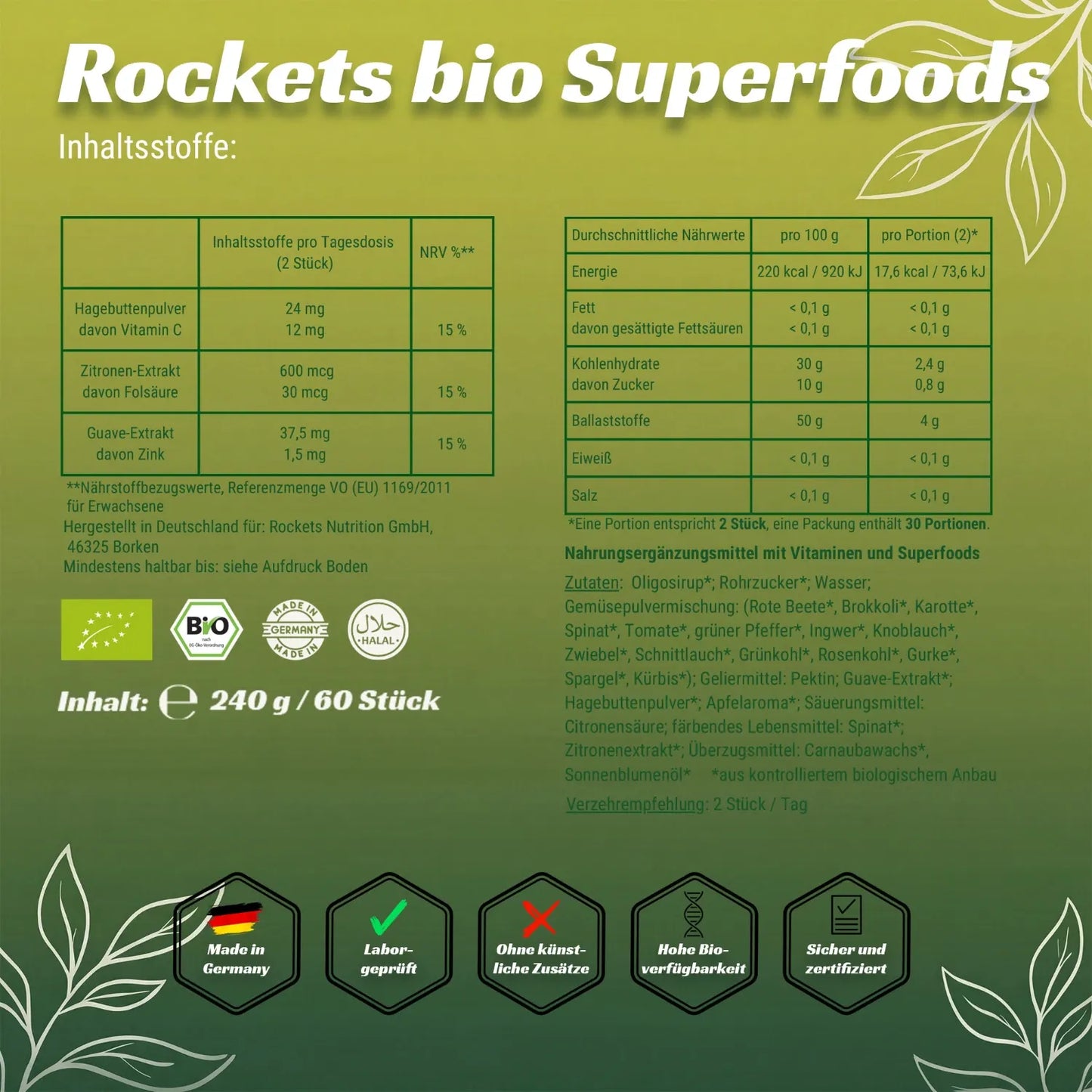 Bio Superfoods Fruchtgummis | 16 Bio-Gemüsesorten als Pulvermix | Vitamin C aus Hagebutte, Zink aus Guave, Folsäure aus Zitronen-Extrakt zur Stärkung des Immunsystems | Vegan & Glutenfrei | Vorrat für 1 Monat