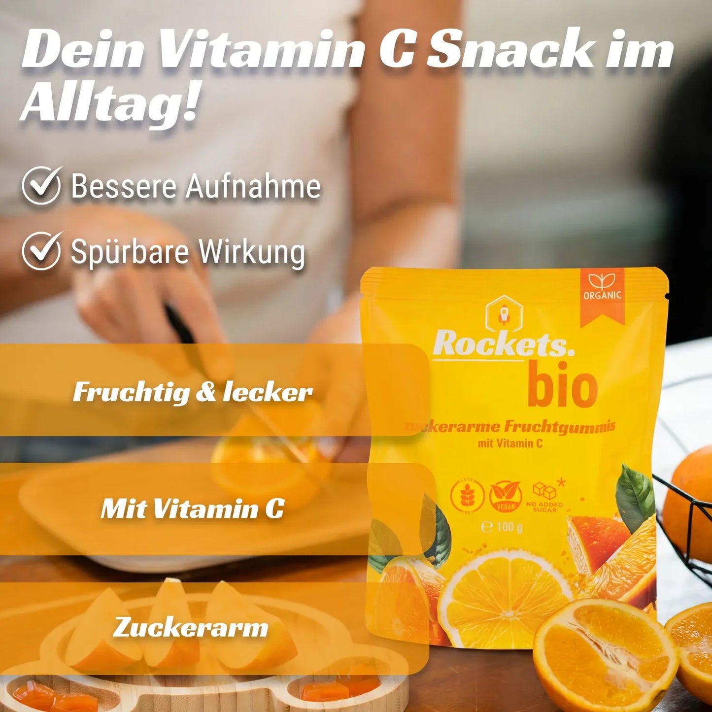 Bio Vitamin C Fruchtgummi | 75% der empfohlenen Tagesdosis | Zuckerarm | Vegan | 4 x 100g Set