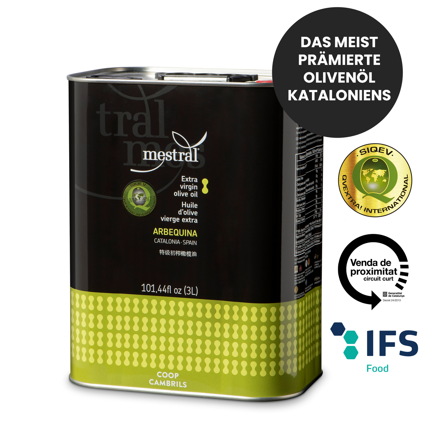 Katalanische Spitzenqualität: Premium-Olivenöl nativ extra Mestral Arbequina Ernte 2025 | Aromaschonend extrahiert | Polyphenolreich | 3 L