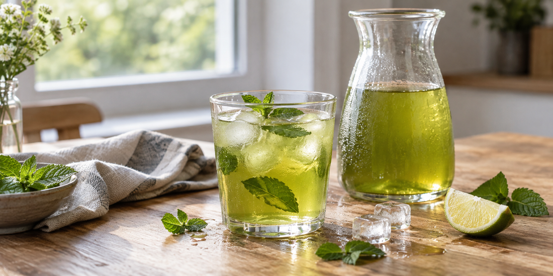 Grüner Eistee mit Eiswürfeln, Minze und Limette in Glas und Karaffe