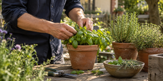 Hände beim Ernten frischer Kräuter im Garten