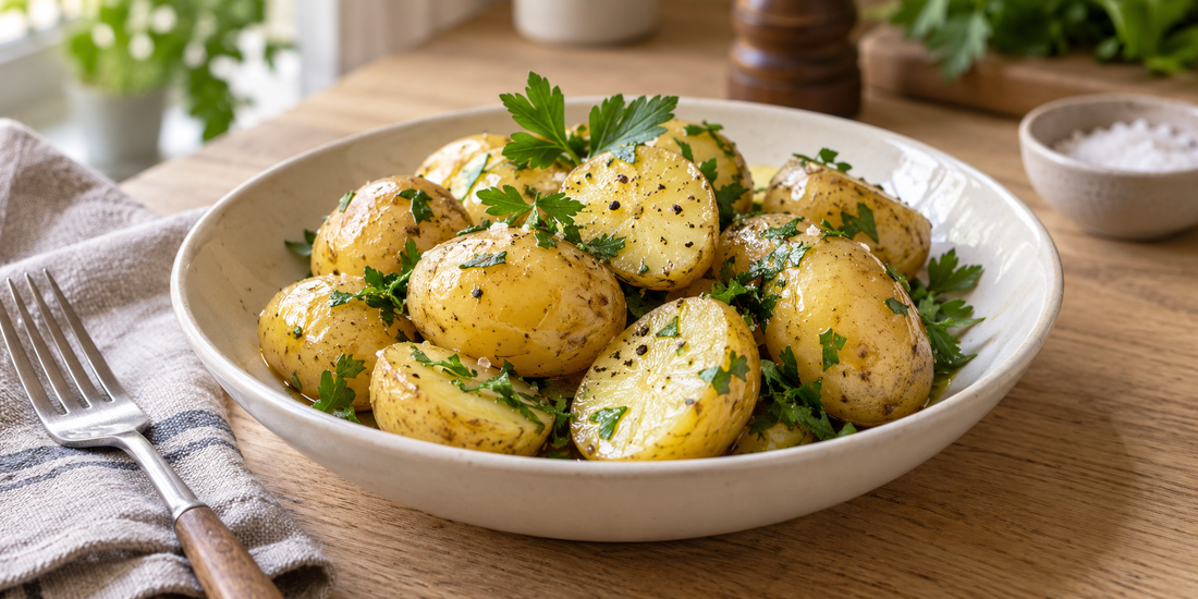 Gekochte Kartoffeln mit Petersilie und Olivenöl in einer Schale