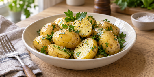Gekochte Kartoffeln mit Petersilie und Olivenöl in einer Schale