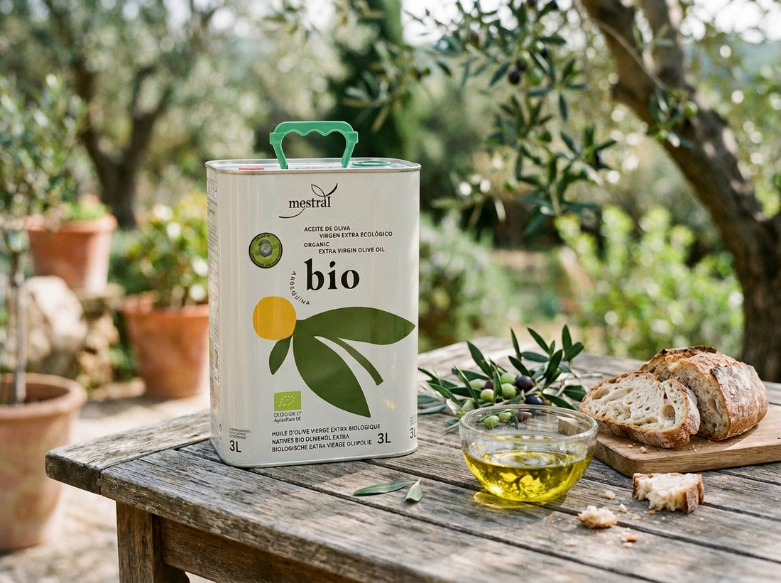 Mestral Bio-Arbequina-Olivenöl im Kanister auf einem Gartentisch