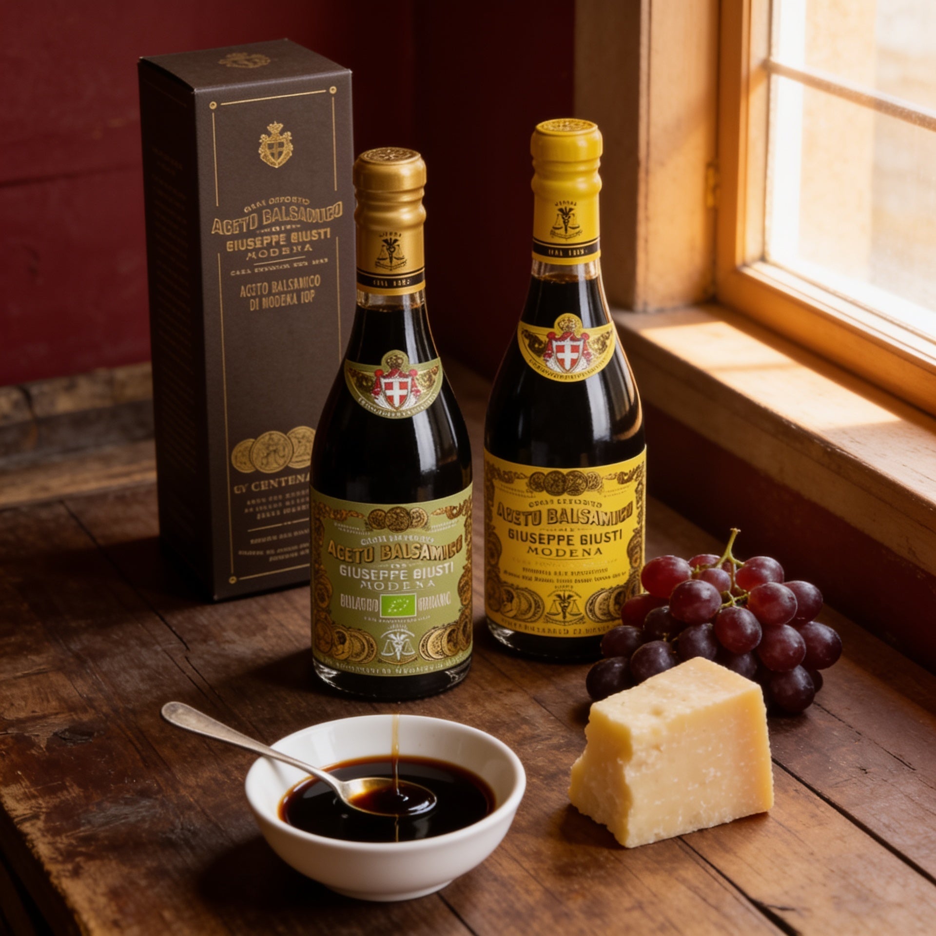 Giusti Aceto Balsamico di Modena mit Trauben und Parmesan am Fenster