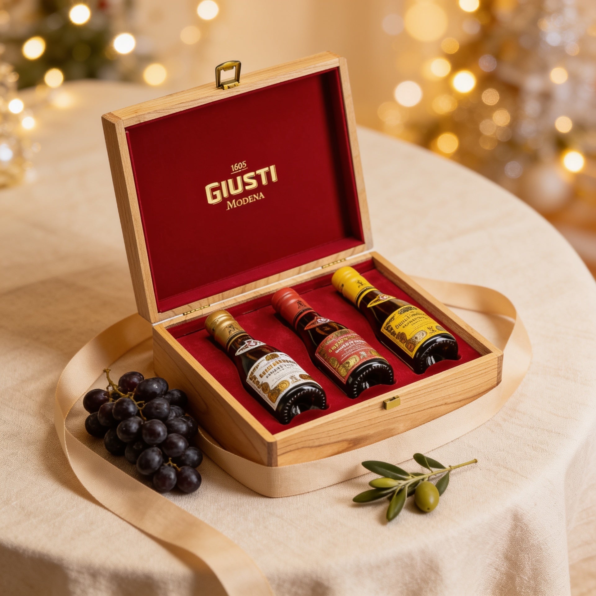 Giusti-Geschenkset in Holzkiste festlich inszeniert