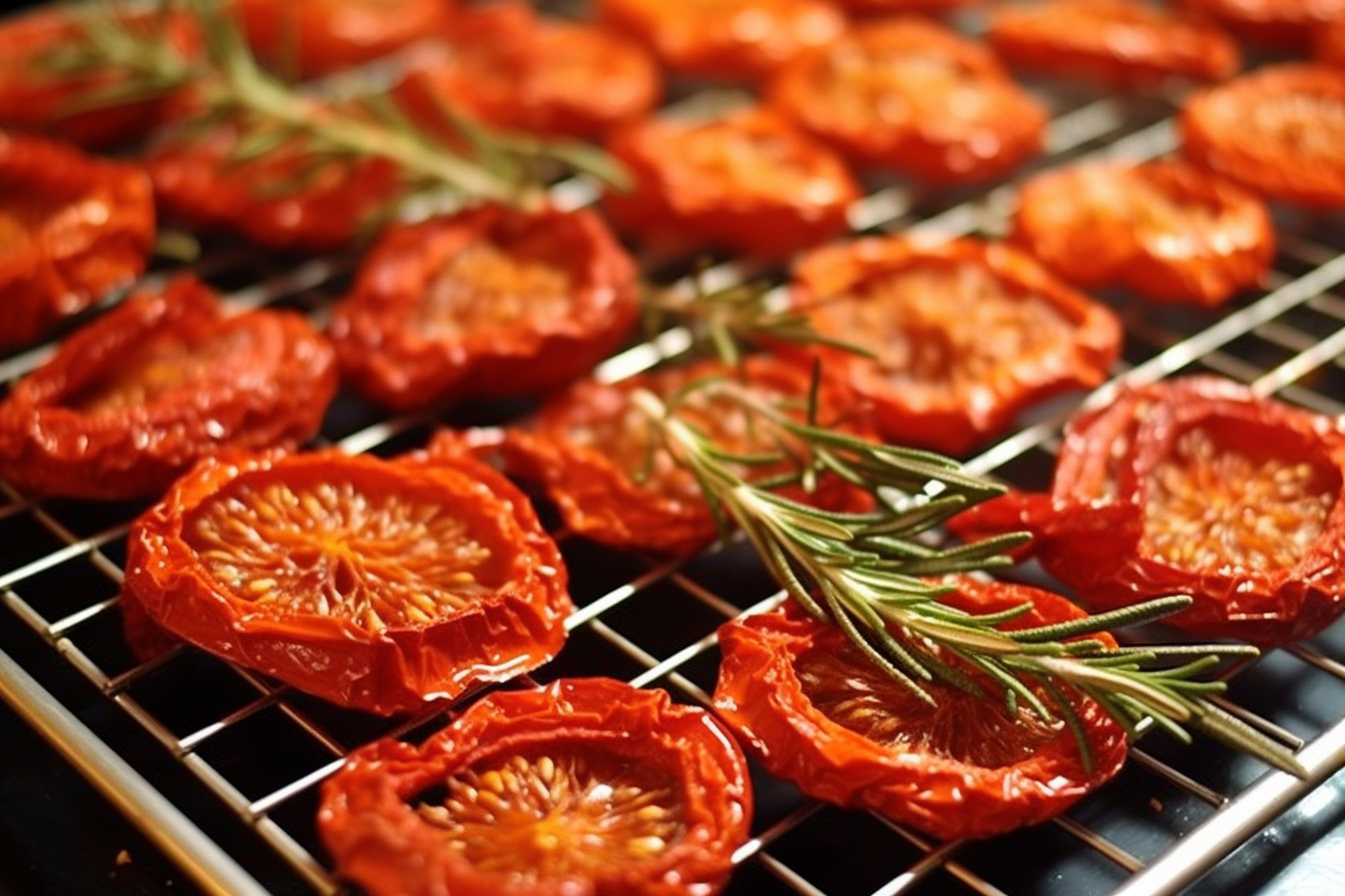 Getrocknete Tomaten mit Rosmarin auf rustikalem Trockengitter
