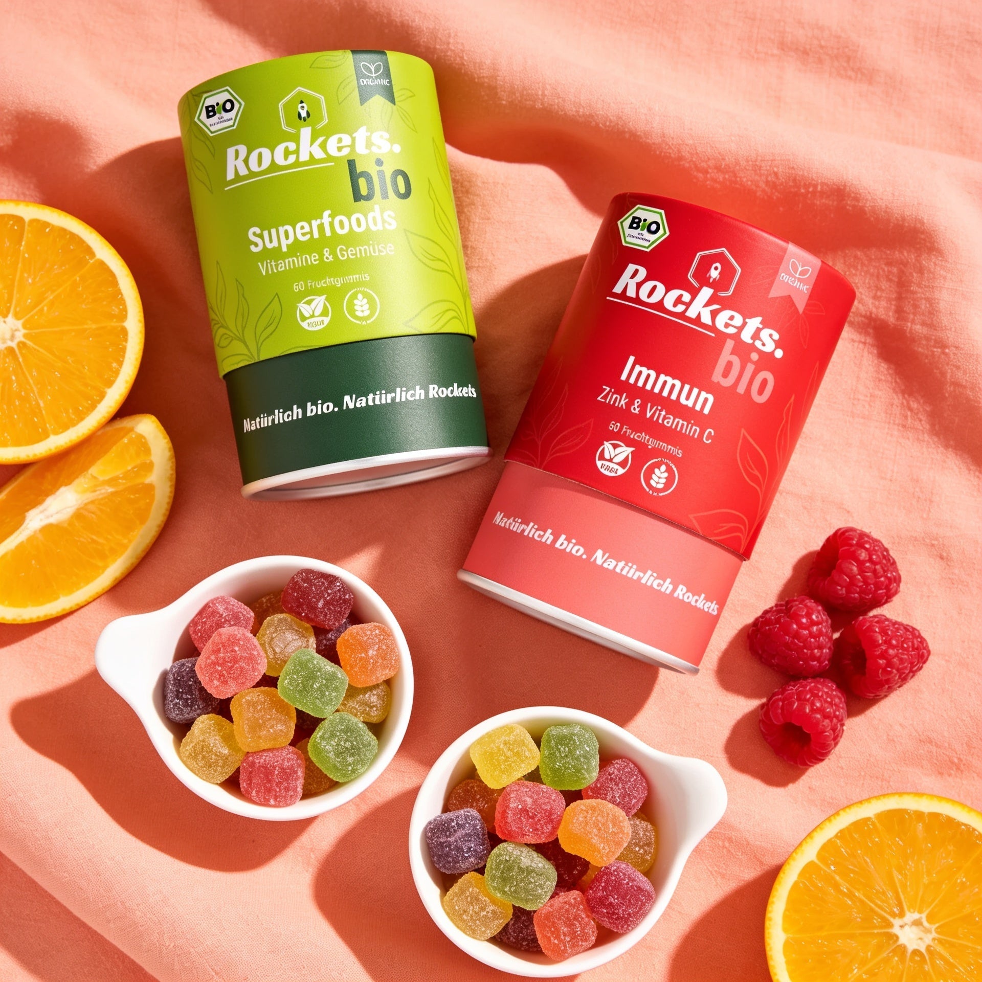 Rockets Bio-Nährstoff-Gummis mit Obst auf Pfirsich-Leinen
