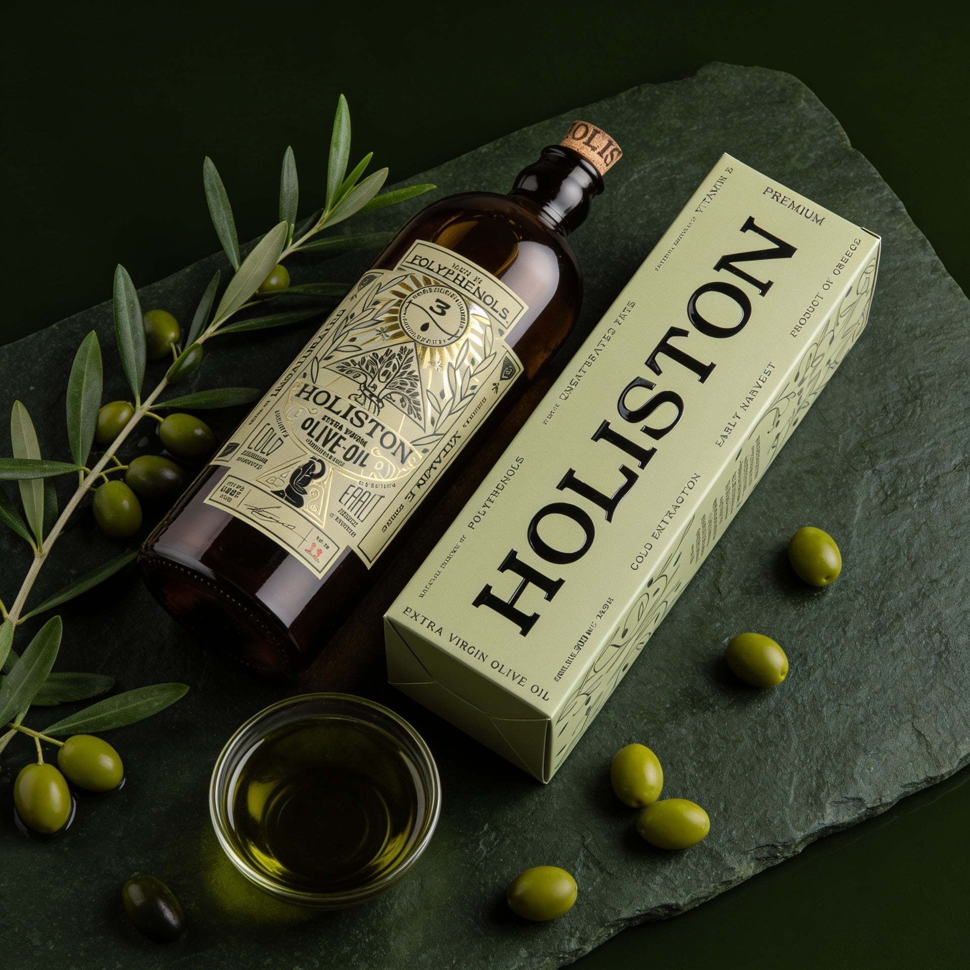 Holiston Olivenöl-Flaschen mit Olivenzweigen auf dunklem Stein