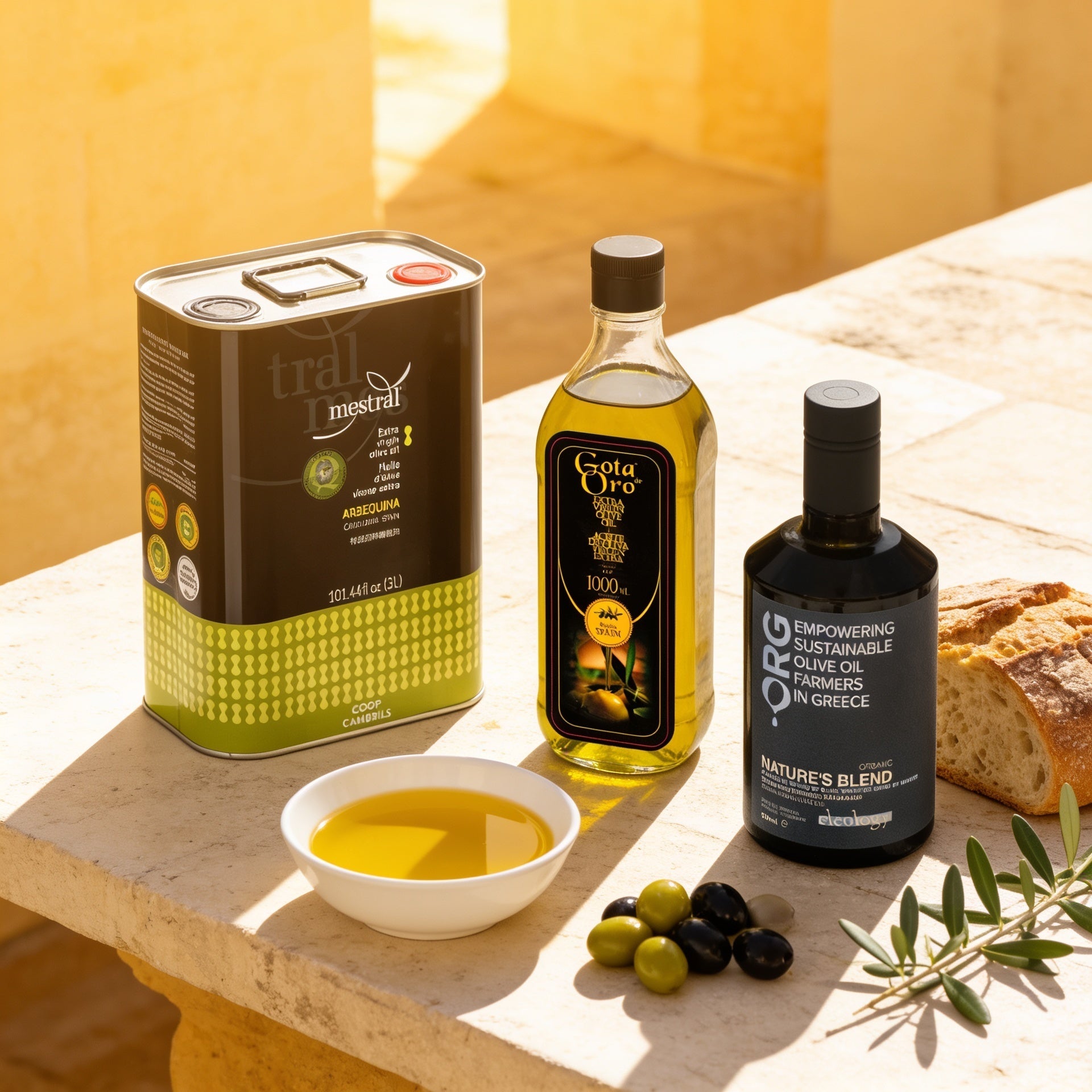 Premium native Olivenöle mit Oliven und Brot in goldenem Licht