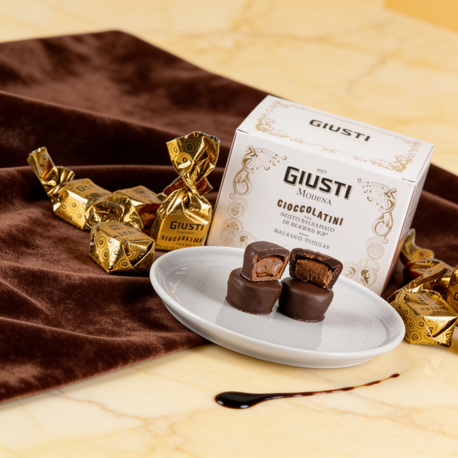 Giusti-Pralinen mit Balsamico-Füllung auf Marmor