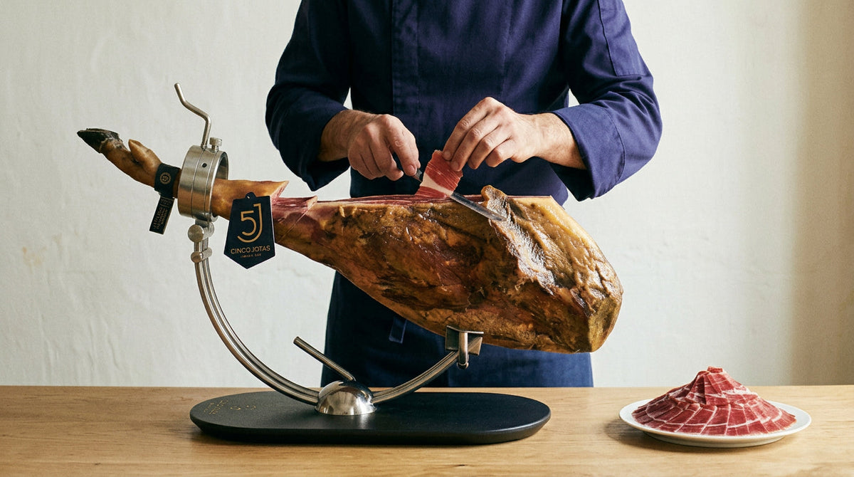 Cinco Jotas Ibérico-Schinken, hauchdünn aufgeschnitten – 5J-Aktionsseite mit kurzem MHD