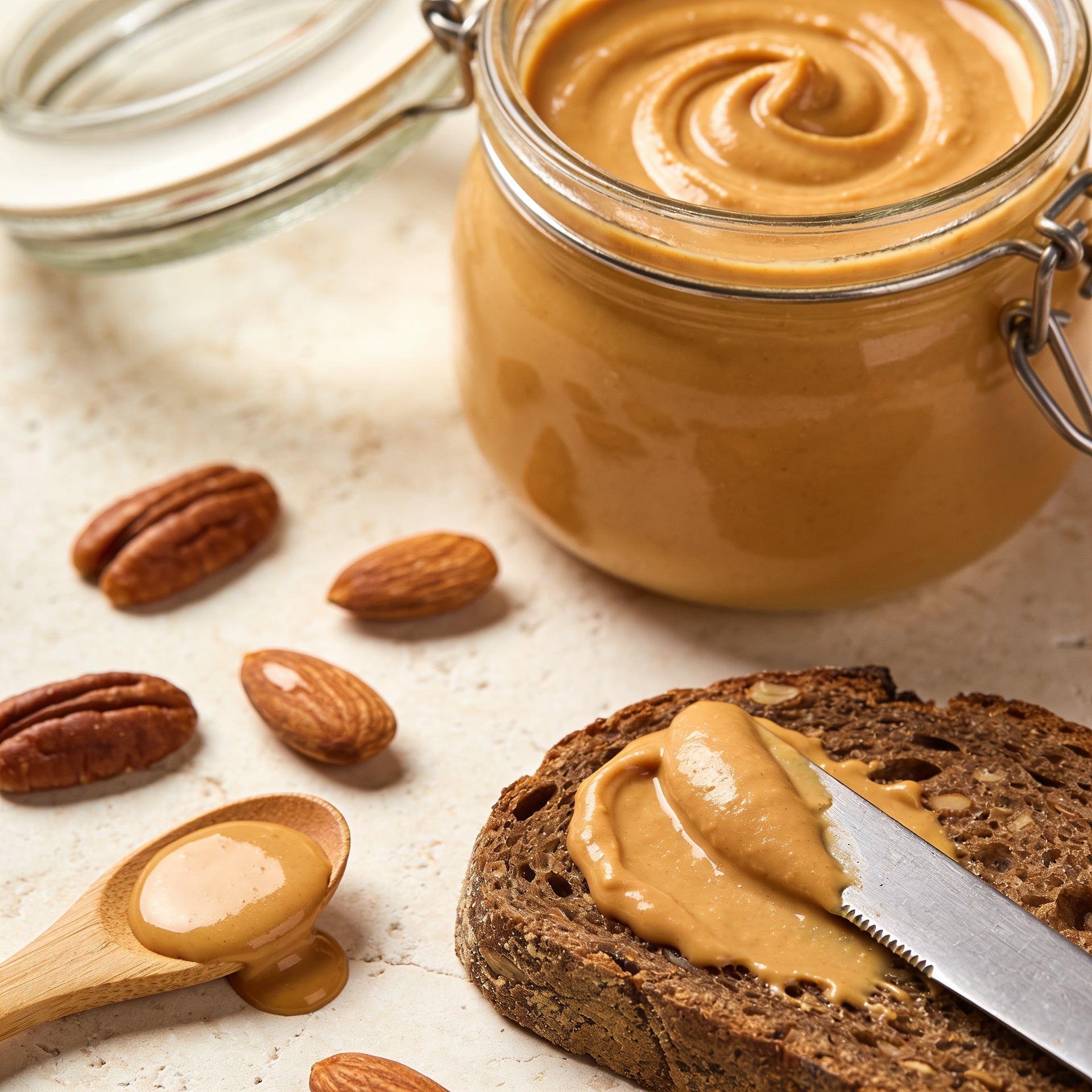 Glas mit cremigem Nussmus, Brot mit Aufstrich und Nüssen