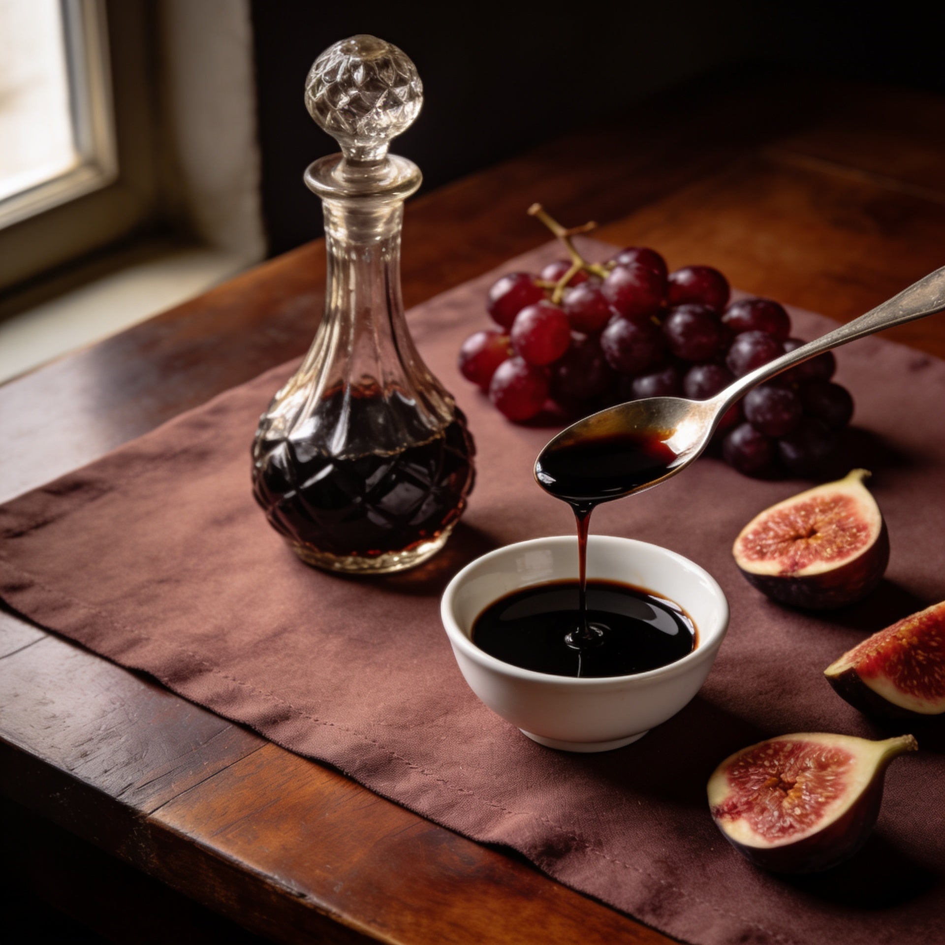 Dunkler Balsamico in weißer Schale mit Trauben und Feigen auf dunklem Holz