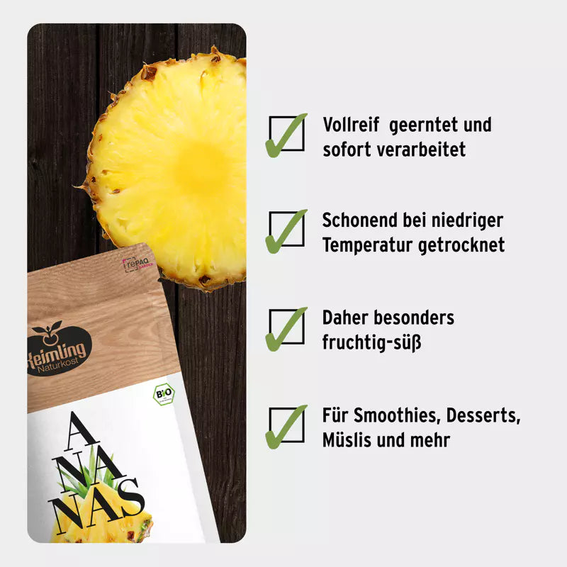 Getrocknete Bio Ananas-Stücke | First-Class aus Tansania | Fruchtig-sonnensüß & vitaminreich | Rohkostgerecht getrocknet | 400 g