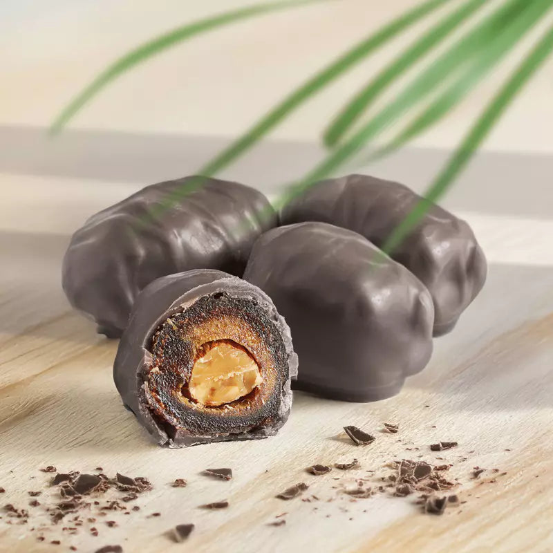Schoko-Datteln mit Mandel | Medjool Giant Bio umhüllt | Vegan schokoladig-nussig | Handgefertigt ohne Zusatzstoffe