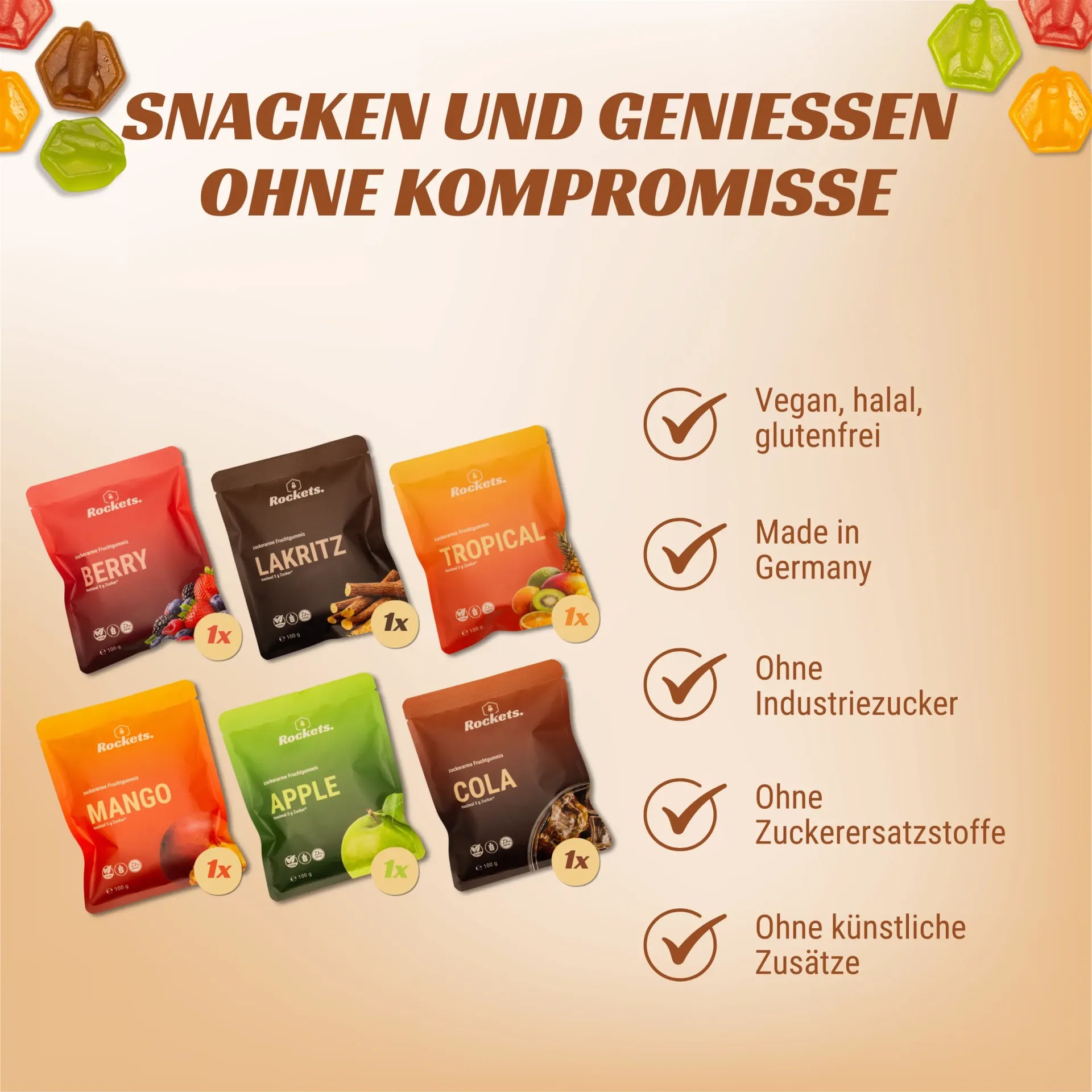 Zuckerarme Fruchtgummis Mix-Set von Rockets Nutrition, Set, 6 Sorten