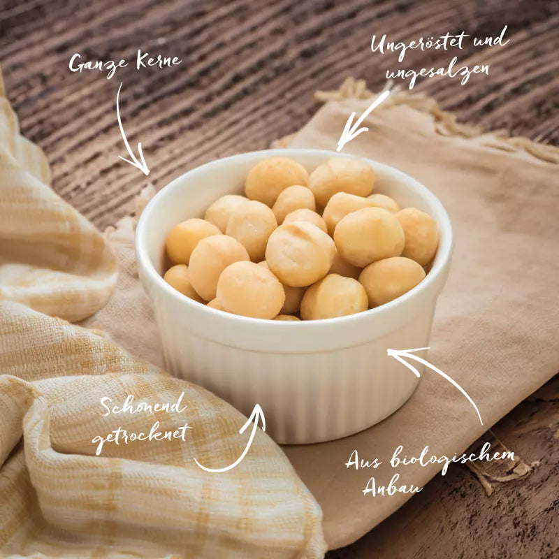 Bio Macadamia Nüsse | Fein-buttriger Rohkostgenuss | Aus Südafrika Premium-Qualität | Reich an ungesättigten Fettsäuren