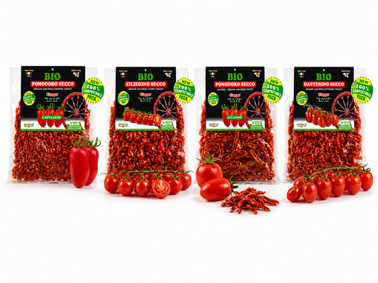 Agriblea Bio-Tomaten Komplett aus Sizilien | Capuliato fein gehackt 350 g · Capuliato Kirschtomaten 400 g · Julienne Tomatenstreifen 350 g · Datterini Tomaten 400 g | Sonnengetrocknet im Süden Siziliens