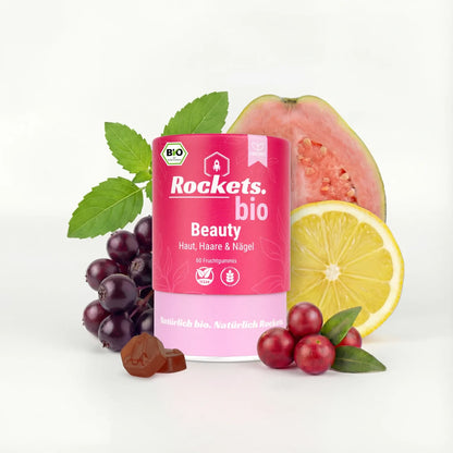 Bio Beauty Fruchtgummis | Vitamin A, Biotin, Zink & Folsäure für Haut, Haare & Nägel | Camu Camu, Karotte, Tulsi, Guave & Bambus unterstützen die Hautgesundheit | Vegan & Glutenfrei | Vorrat für 1 Monat