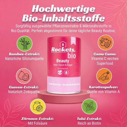 Bio Beauty Fruchtgummis | Vitamin A, Biotin, Zink & Folsäure für Haut, Haare & Nägel | Camu Camu, Karotte, Tulsi, Guave & Bambus unterstützen die Hautgesundheit | Vegan & Glutenfrei | Vorrat für 1 Monat