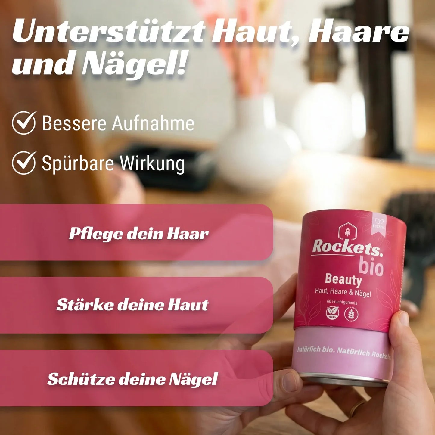 Bio Beauty Fruchtgummis | Vitamin A, Biotin, Zink & Folsäure für Haut, Haare & Nägel | Camu Camu, Karotte, Tulsi, Guave & Bambus unterstützen die Hautgesundheit | Vegan & Glutenfrei | Vorrat für 1 Monat