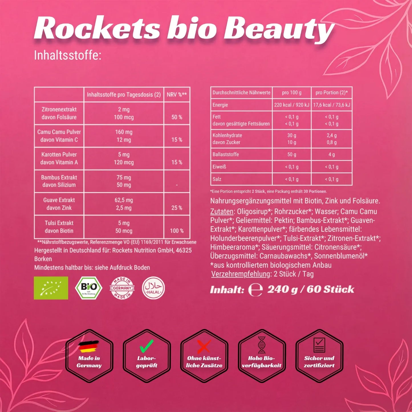 Bio Beauty Fruchtgummis | Vitamin A, Biotin, Zink & Folsäure für Haut, Haare & Nägel | Camu Camu, Karotte, Tulsi, Guave & Bambus unterstützen die Hautgesundheit | Vegan & Glutenfrei | Vorrat für 1 Monat