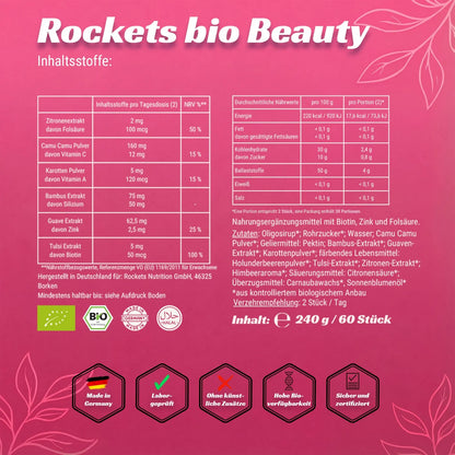 Bio Beauty Fruchtgummis | Vitamin A, Biotin, Zink & Folsäure für Haut, Haare & Nägel | Camu Camu, Karotte, Tulsi, Guave & Bambus unterstützen die Hautgesundheit | Vegan & Glutenfrei | Vorrat für 1 Monat