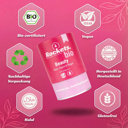 Bio Beauty Fruchtgummis | Vitamin A, Biotin, Zink & Folsäure für Haut, Haare & Nägel | Camu Camu, Karotte, Tulsi, Guave & Bambus unterstützen die Hautgesundheit | Vegan & Glutenfrei | Vorrat für 1 Monat