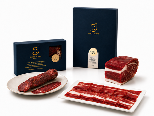 Cinco Jotas Einsteiger-Set | 100 % Ibérico Bellota | Schinkenwürfel Lingote ca. 450 g · Lomo halbe Lendenstange · Verkostungsset Ritual Nº4 | Premium-Auswahl von 5J zum Einstieg ins Spitzensegment