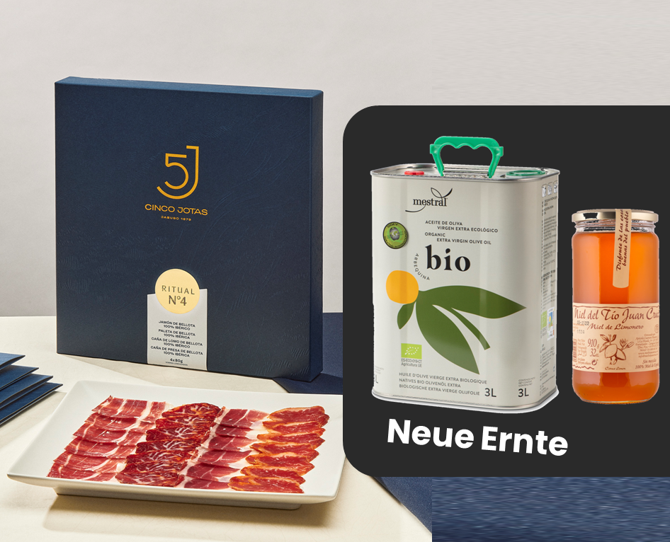 Reduziertes Gourmet-Kennenlernset | 3 L preisgekröntes Bio-Olivenöl nativ extra | Exklusives 5J Ibérico-Verkostungsset | Duftender Zitronenblütenhonig 910 g | ideal zum Testen vor dem Spar-Abo