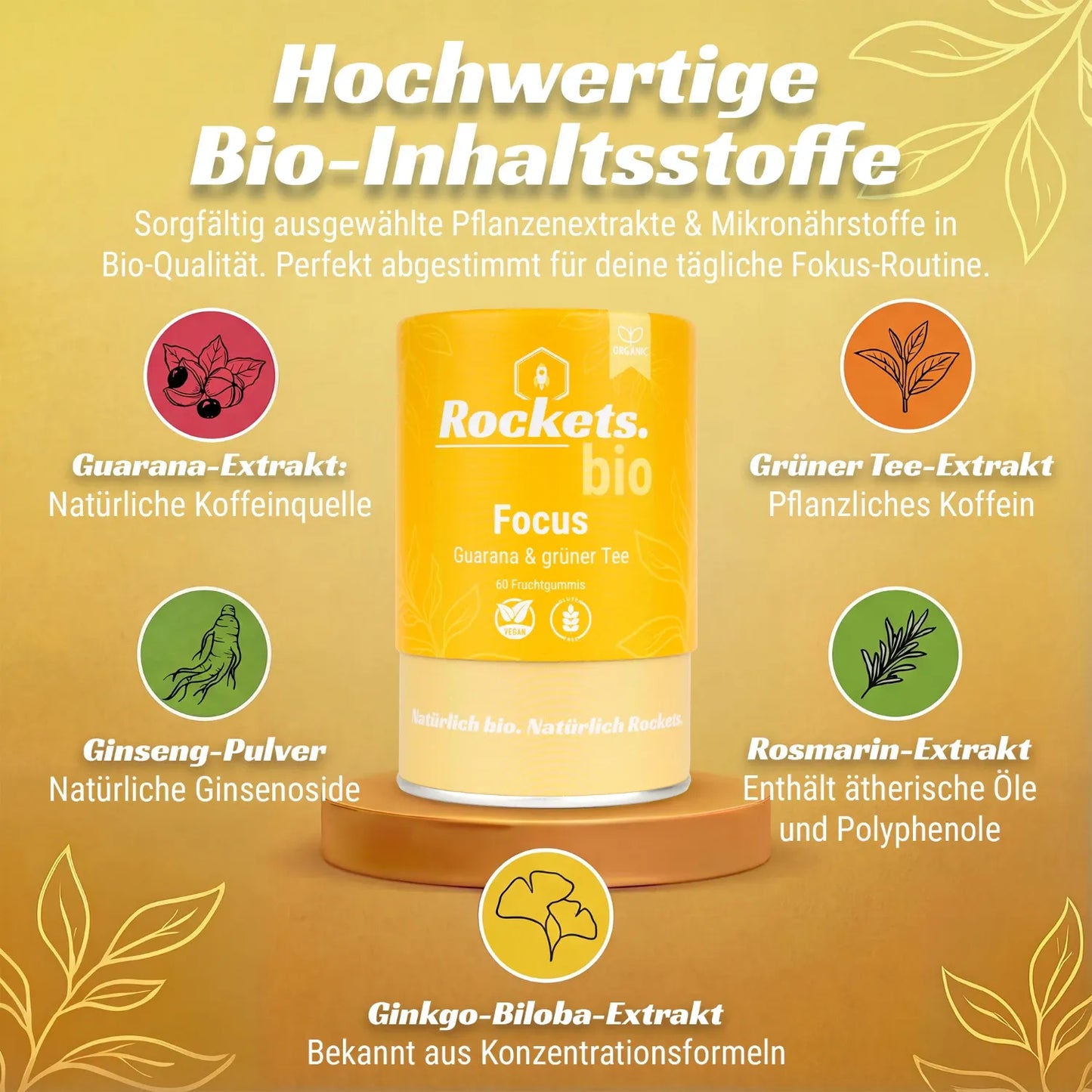 Bio Focus Fruchtgummis | Pflanzliches Koffein aus Grünem Tee & Guarana | Ginkgo, Ginseng und Rosmarin fördern die geistige Leistungsfähigkeit | Vegan & Glutenfrei | Hergestellt in Deutschland & laborgeprüft | Vorrat für 1 Monat