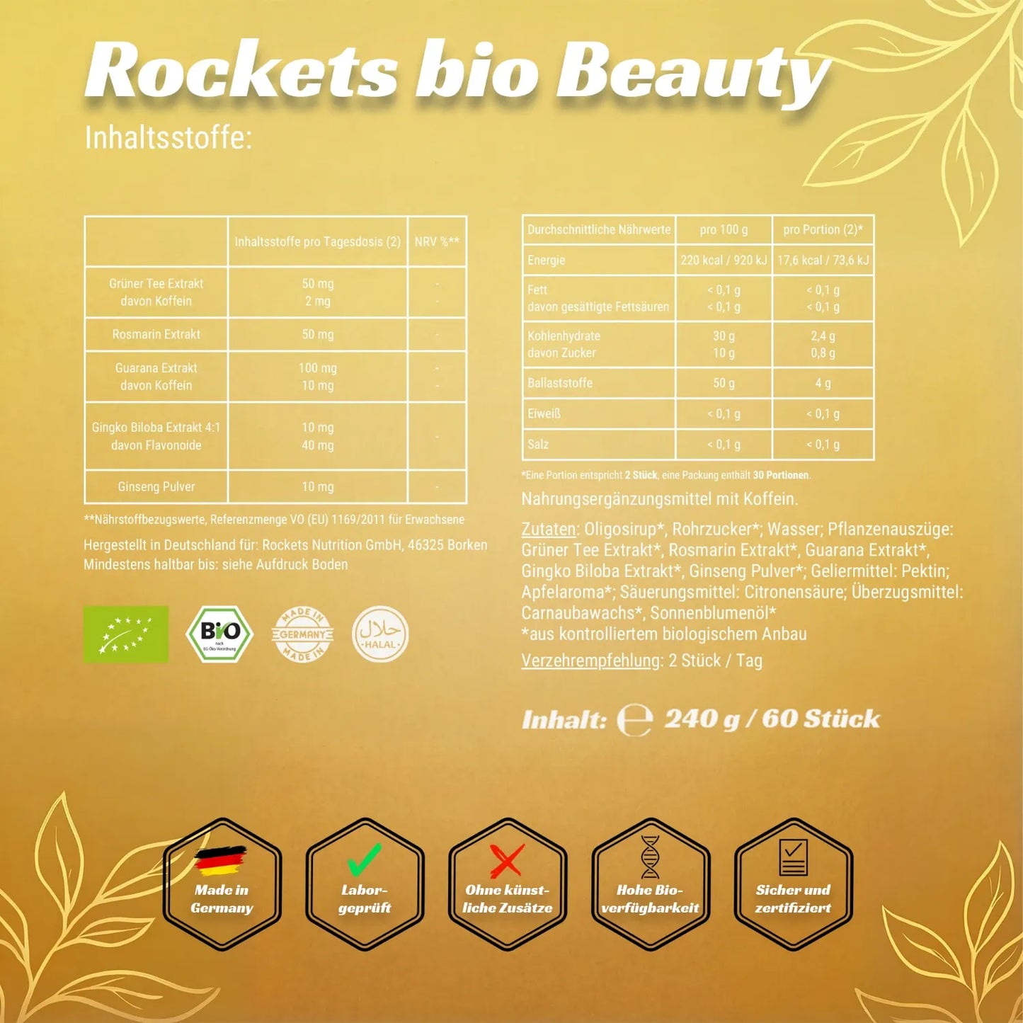 Bio Focus Fruchtgummis | Pflanzliches Koffein aus Grünem Tee & Guarana | Ginkgo, Ginseng und Rosmarin fördern die geistige Leistungsfähigkeit | Vegan & Glutenfrei | Hergestellt in Deutschland & laborgeprüft | Vorrat für 1 Monat