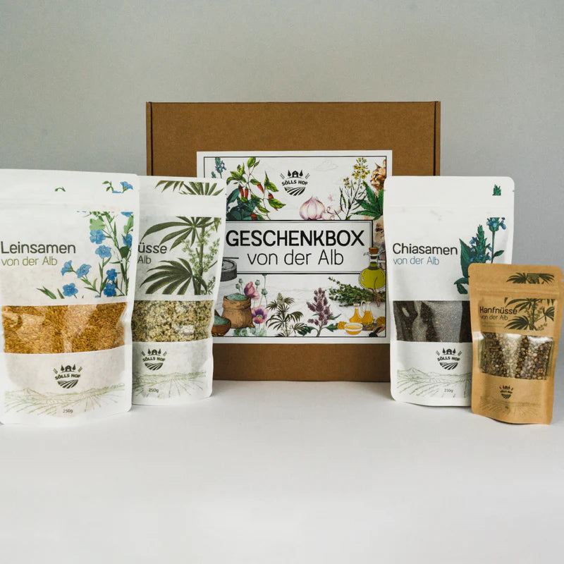 Gift set “Seed Packet” | 4x Premium seeds from the Swabian Alps | Chia & flax seeds, hemp seeds (hulled & unhulled) | 800 g