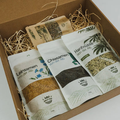 Gift set “Seed Packet” | 4x Premium seeds from the Swabian Alps | Chia & flax seeds, hemp seeds (hulled & unhulled) | 800 g
