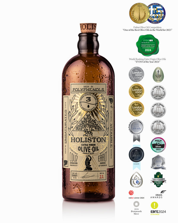 Multi-award-winning Holiston Ultra Premium Extra Virgin Olive Oil from Rhodes | Exceptionally high polyphenol content (900–1800 mg/kg) | Intense flavor with distinct pungency and bitterness | Hand-picked | 500 ml