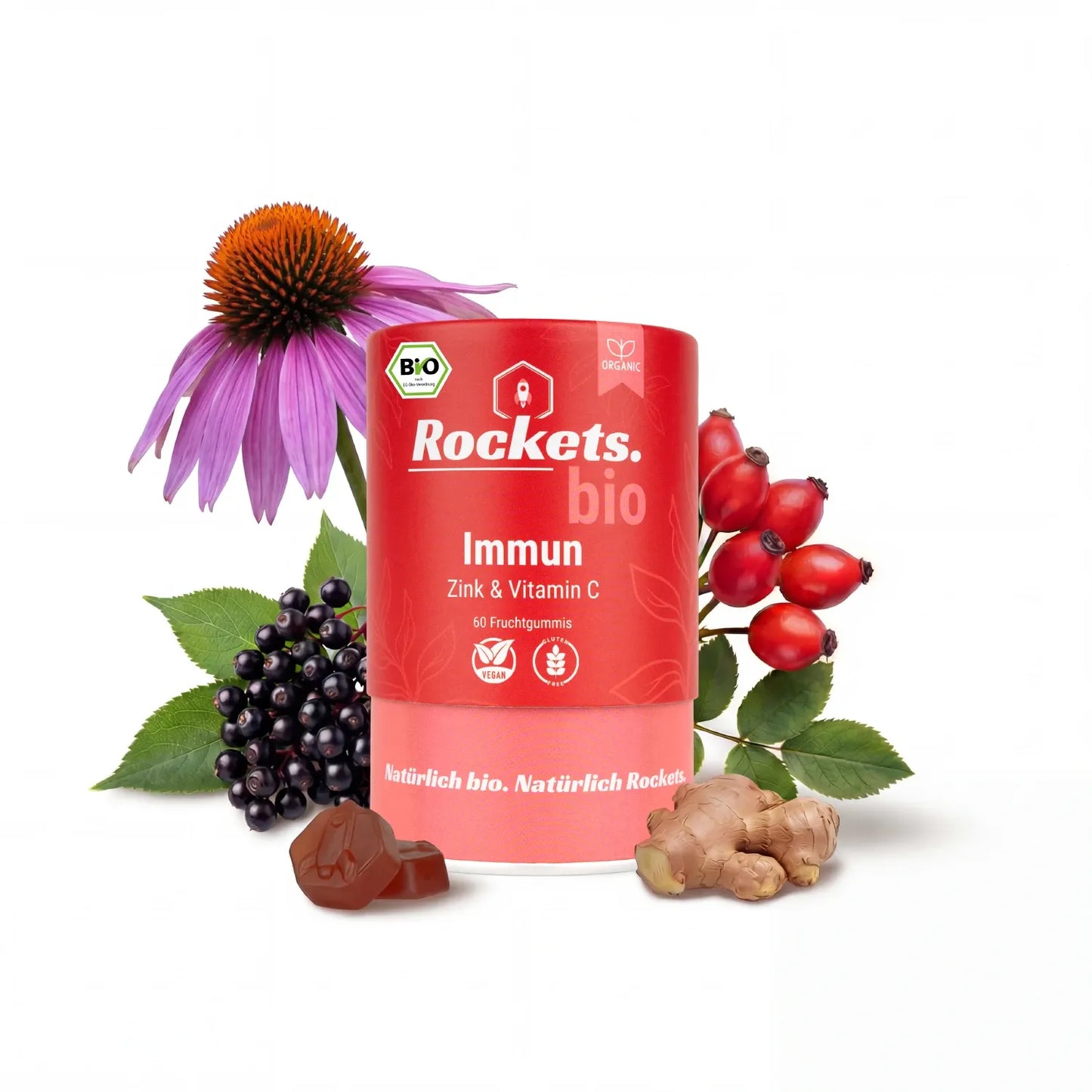 Bio Immun Fruchtgummis | Stärkung des Immunsystems durch Vitamin C aus Hagebutte, Zink & Guave | Entzündungshemmend durch Ingwer, Echinacea & Propolis | Bio-zertifiziert | Hergestellt in Deutschland | Vorrat für 1 Monat