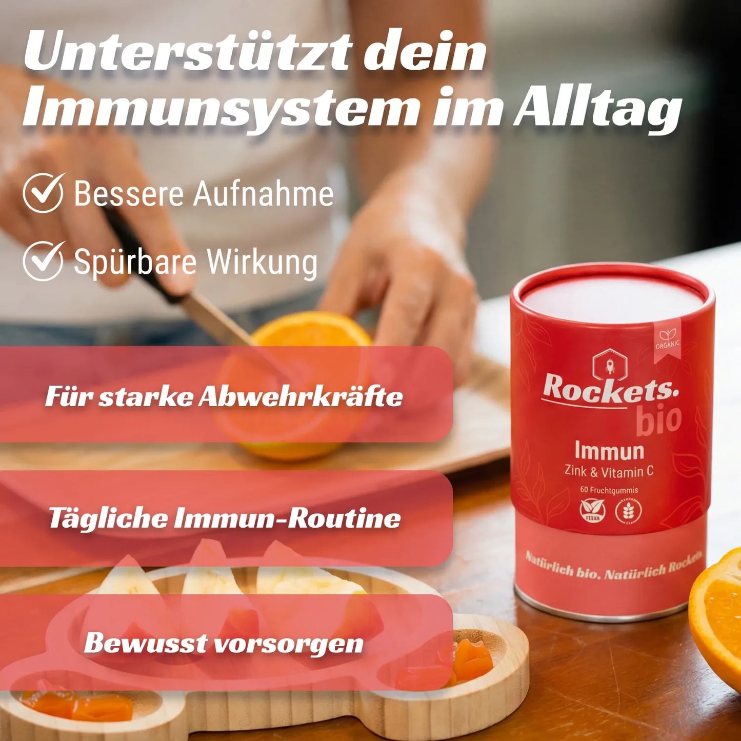 Bio Immun Fruchtgummis | Stärkung des Immunsystems durch Vitamin C aus Hagebutte, Zink & Guave | Entzündungshemmend durch Ingwer, Echinacea & Propolis | Bio-zertifiziert | Hergestellt in Deutschland | Vorrat für 1 Monat