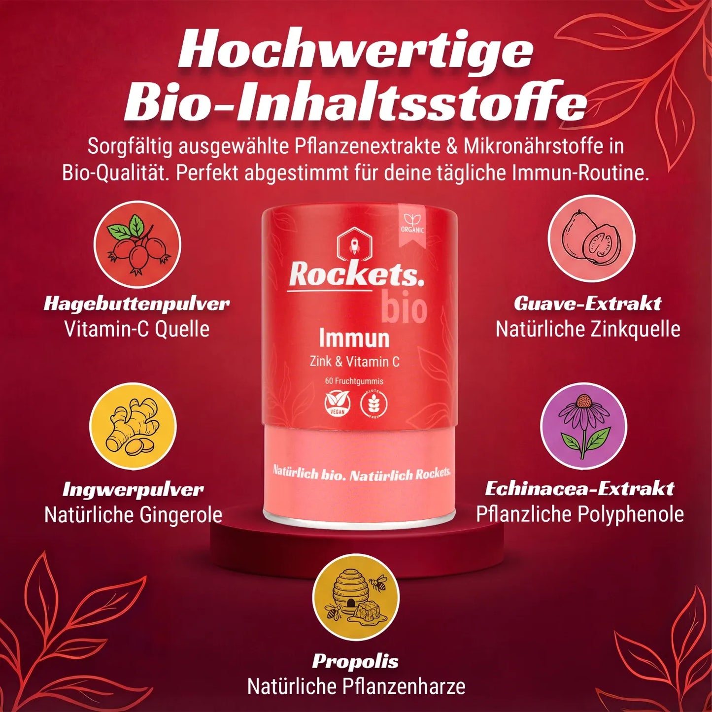 Bio Immun Fruchtgummis | Stärkung des Immunsystems durch Vitamin C aus Hagebutte, Zink & Guave | Entzündungshemmend durch Ingwer, Echinacea & Propolis | Bio-zertifiziert | Hergestellt in Deutschland | Vorrat für 1 Monat