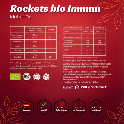 Bio Immun Fruchtgummis | Stärkung des Immunsystems durch Vitamin C aus Hagebutte, Zink & Guave | Entzündungshemmend durch Ingwer, Echinacea & Propolis | Bio-zertifiziert | Hergestellt in Deutschland | Vorrat für 1 Monat