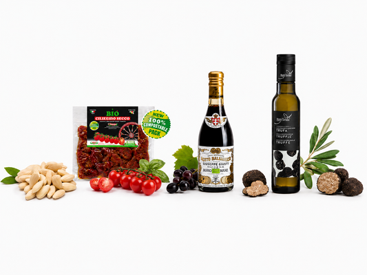 Italienisches Mediterran-Set | Cross-Marken | Borduito geschälte Mandeln 1 kg · Agriblea Capuliato Kirschtomaten 400 g · Giusti Bio-Balsamico 2 GM 250 ml · Mestral Würzöl Trüffel 250 ml