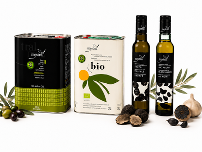 Mestral-Sortiment Komplett aus Katalonien | Olivenöl nativ extra 3 L Arbequina · Bio-Olivenöl 3 L polyphenolreich · Würzöl mit Trüffel 250 ml · Würzöl mit schwarzem Knoblauch 250 ml