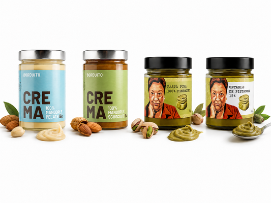 Nussmus-Quartett – direkt vom Erzeuger | Borduito weiße Mandelcreme 500 g · Borduito braune Mandelcreme 500 g · LaLola1947 Pistazienmus 200 g · LaLola1947 Pistaziencreme 15 % | Für die Aufstrich- und Frühstückstheke