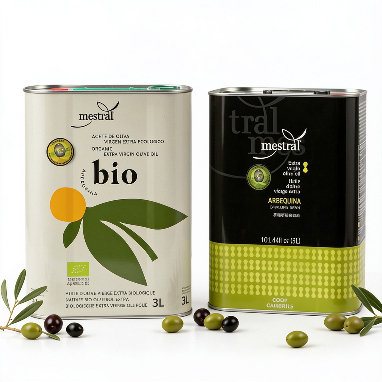 Premium EVOO Großgebinde-Duo, 2× 3 L Arbequina Olivenöl nativ extra, Bio und konventionell