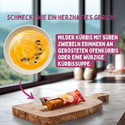 Würziger Kürbis Riegel | Bio-Kürbis mit Zwiebel & Kurkuma | Herzhaft & ballaststoffreich | Vegan