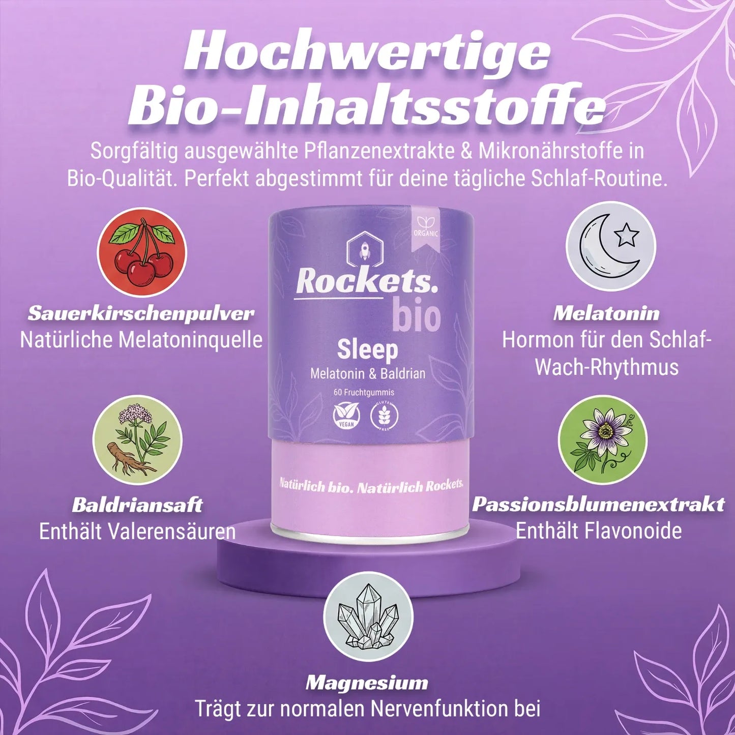 Bio Sleep Fruchtgummi | Melatonin & Baldriansaft für schnelleres Einschlafen | Sauerkirschenpulver für Entspannung | Vegan & Glutenfrei | Vorrat für 1 Monat