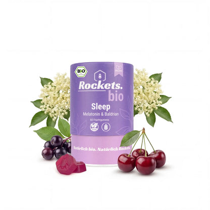 Bio Sleep Fruchtgummi | Melatonin & Baldriansaft für schnelleres Einschlafen | Sauerkirschenpulver für Entspannung | Vegan & Glutenfrei | Vorrat für 1 Monat