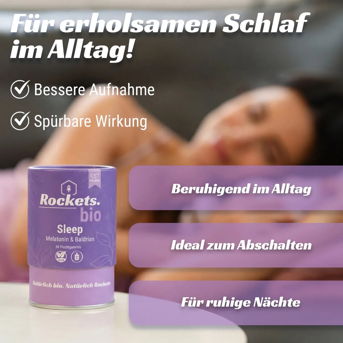 Bio Sleep Fruchtgummi | Melatonin & Baldriansaft für schnelleres Einschlafen | Sauerkirschenpulver für Entspannung | Vegan & Glutenfrei | Vorrat für 1 Monat